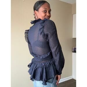 Johnathan Simkhai Navy Semi Sheer Chiffon Ruffle Blouse Size Medium